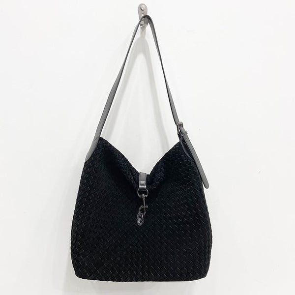 Haute Shore Sandy Hobo Handbag in Woven Black Faux Suede