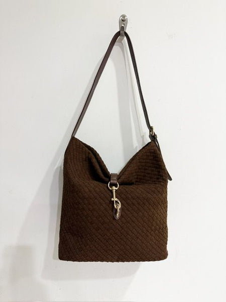 Haute Shore Sandy Hobo Handbag in Woven Chocolate Faux Suede