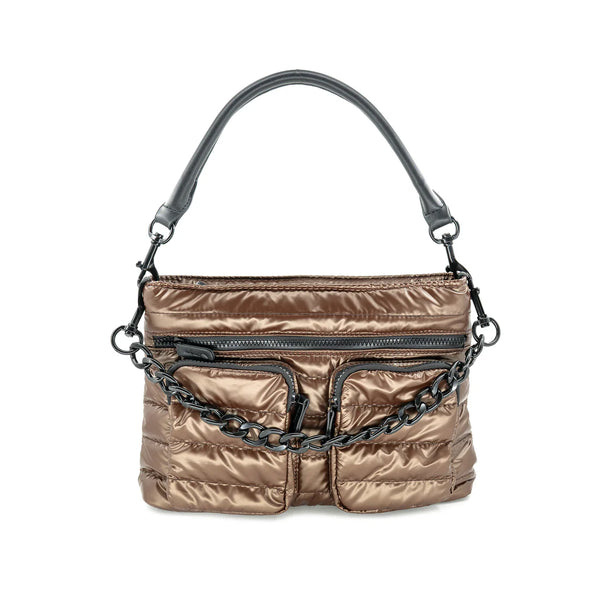 Betty Quilted Zip Top Shoulder Handbag in Bronze Metallic