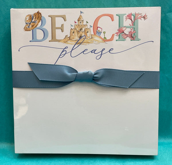 Greeting card with 'Beach Please' text and a blue ribbon on a teal background