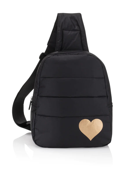 Hi Love Puffer Crossbody Backpack in Black with Silver Heart