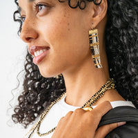 Ink + Alloy Mckenzie Brass Bar Long Fringe Earrings Black + Gold