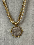 Yochi Georgia Vintage Pearl Bead and Coin Pendant Statement Necklace
