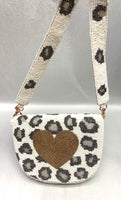 Tiana Designs Beaded Half-Moon Ivory and Metallic Gunmetal Cheetah and Heart Handbag