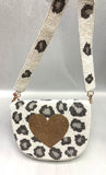Tiana Designs Beaded Half-Moon Ivory and Metallic Gunmetal Cheetah and Heart Handbag