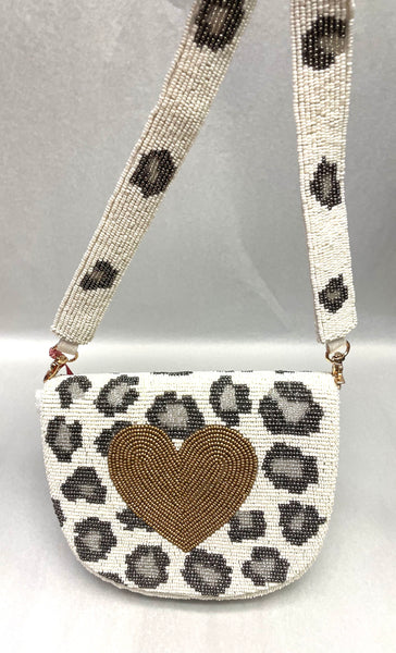 Tiana Designs Beaded Half-Moon Ivory and Metallic Gunmetal Cheetah and Heart Handbag