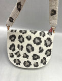 Tiana Designs Beaded Half-Moon Ivory and Metallic Gunmetal Cheetah and Heart Handbag