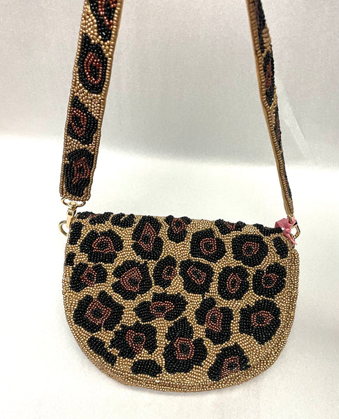 Tiana Designs Beaded Half-Moon Metallic Cheetah Handbag