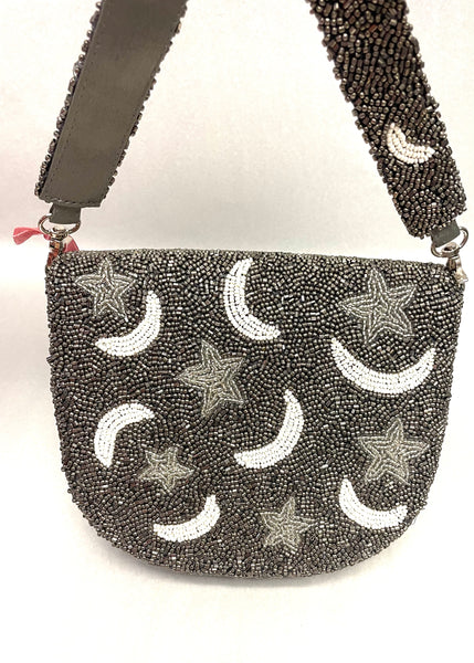 Tiana Designs Beaded Half-Moon Metallic Gunmetal Stars and Moon Handbag