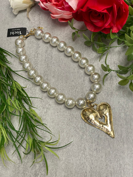 Yochi Gigi Pearl Bead and Vintage Heart Pendant Statement Necklace