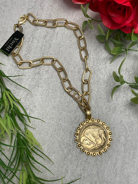 Yochi Geo Vintage Buffalo Coin Pendant Statement Necklace