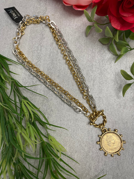 Yochi Queen Elizabeth Coin Pendant Statement Necklace