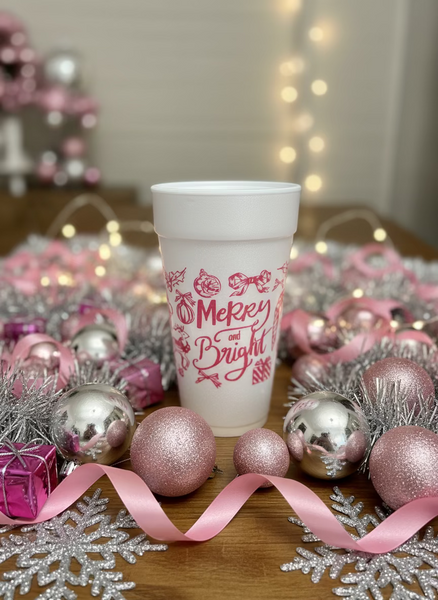20 oz. Styrofoam Cup - Merry and Bright in Pink