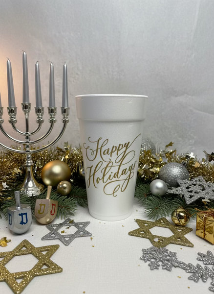 20 oz. Styrofoam Cup - Happy Holidays in Gold