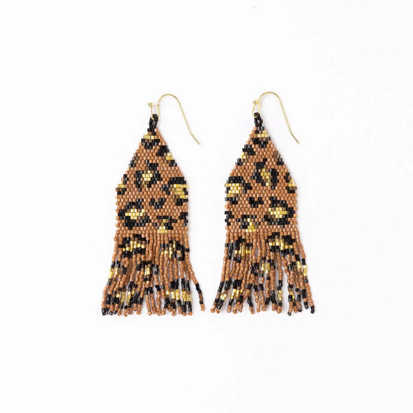 Ink + Alloy Delilah Cheetah Print Beaded Fringe Earrings Mocha, Black, + Gold