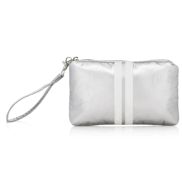 Hi Love Zip Wristlet in Silver with White Stripes