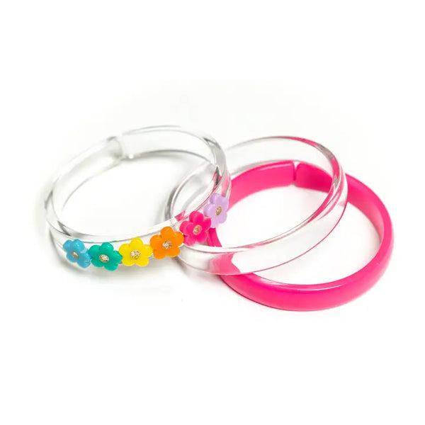 Lilies and Roses Bright Flowers + Pink and Crystal Bangle (Set of 3)