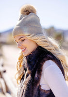 Fabulous Furs Metallic Gold Knit Faux Fur Pom Hat