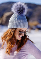 Fabulous Furs Metallic Silver Knit Faux Fur Pom Hat