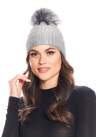 Fabulous Furs Metallic Silver Knit Faux Fur Pom Hat