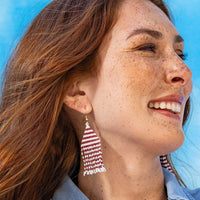 Ink + Alloy Lexie Horizontal Stripes Beaded Fringe Earrings Dark Red and White