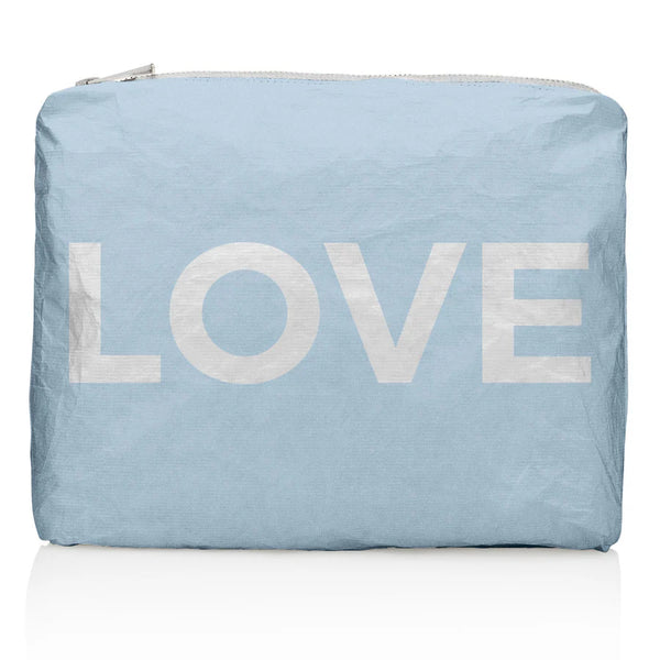 Hi Love Medium Zipper Pouch - Shimmer Ice Blue with Silver LOVE