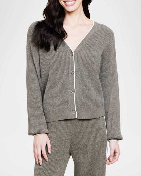 Barefoot Dreams CozyChic Ultra Lite® Contrast Ribbed Cardigan in Olive Branch/Pearl