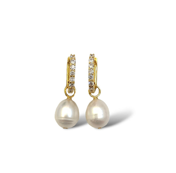 Pair of pearl earrings with gold accents on a white background
