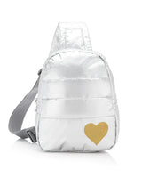 Hi Love Puffer Crossbody Backpack in Silver with Gold Heart