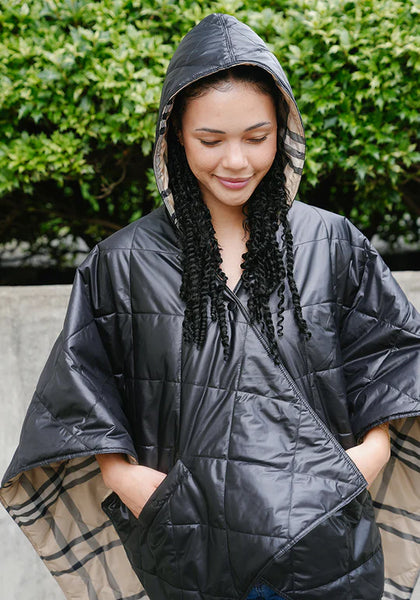 Rainraps Hooded Shiny Black & Plaid PUFFERRAP | Women's Rain Poncho