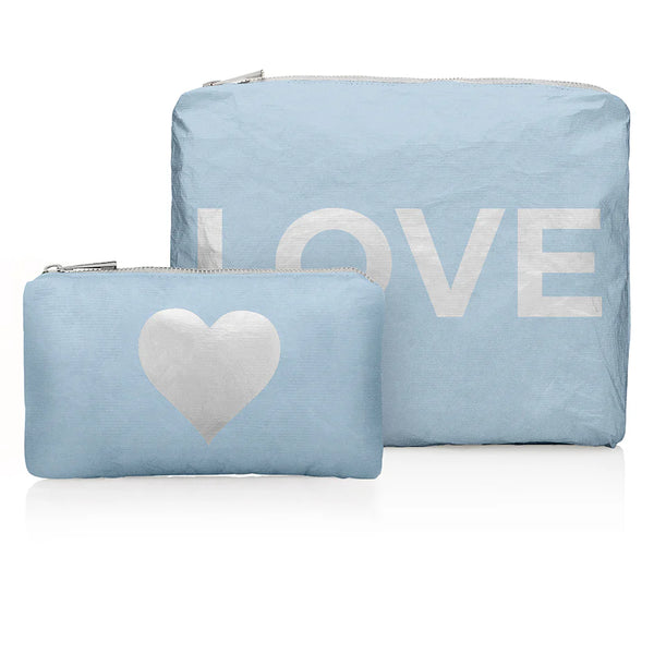 Hi Love Set of Two - Organizational Pouches - Shimmer Ice Blue with Silver LOVE and Heart