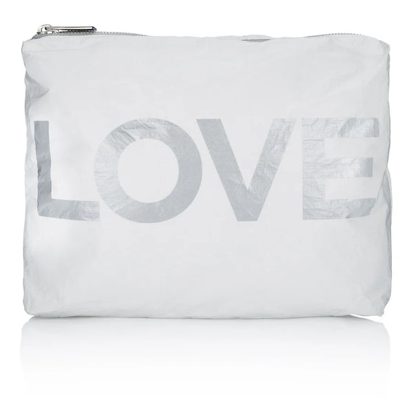 Hi Love Medium Zipper Pack in Shimmer White with Silver "LOVE"