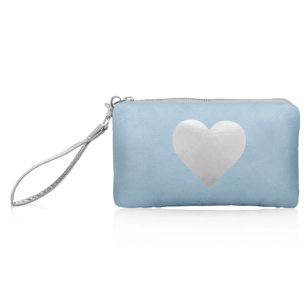 Hi Love Zip Wristlet in Shimmer Ice Blue with Silver Heart