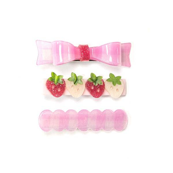 Lilies and Roses Pink checked bow + Strawberries Alligator clips set/3