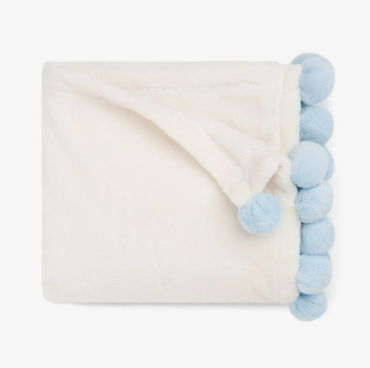 Elegant Baby Blue Poms Trim Fleece Baby Stroller Blanket