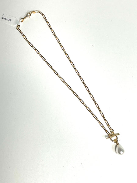 iishii Designs Mini Paperclip Chain and Pearl Drop Toggle Necklace